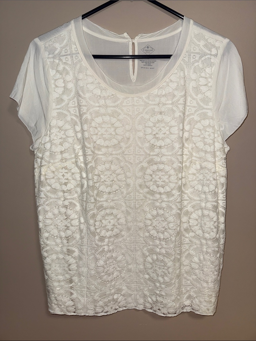 St. John's Bay White Lace Front Short Sleeve Top